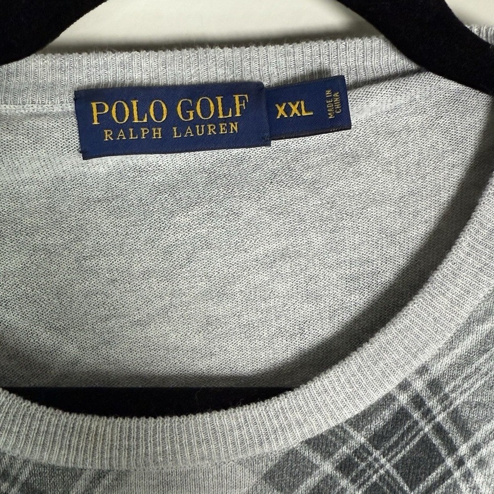 Polo Golf Ralph Lauren Mens XXL Grey Plaid Cotton Cashmere Crewneck Sweater - Picture 2 of 4